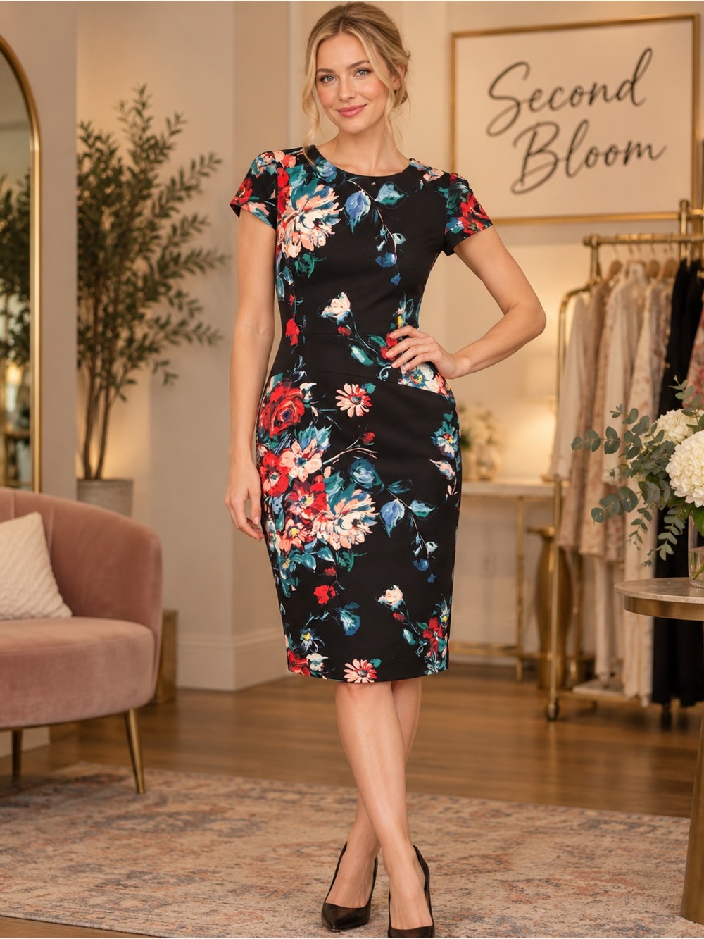 Betsey Johnson Size 4 Black Floral Sheath Dress Cap Sleeve by